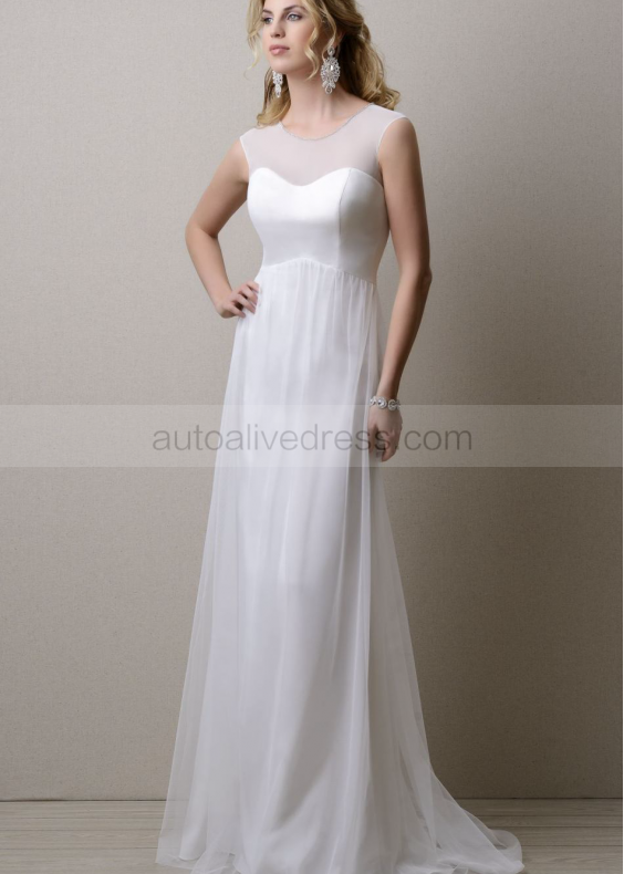 Sheer Neckline Ivory Satin Chiffon Keyhole Back Prom Dress